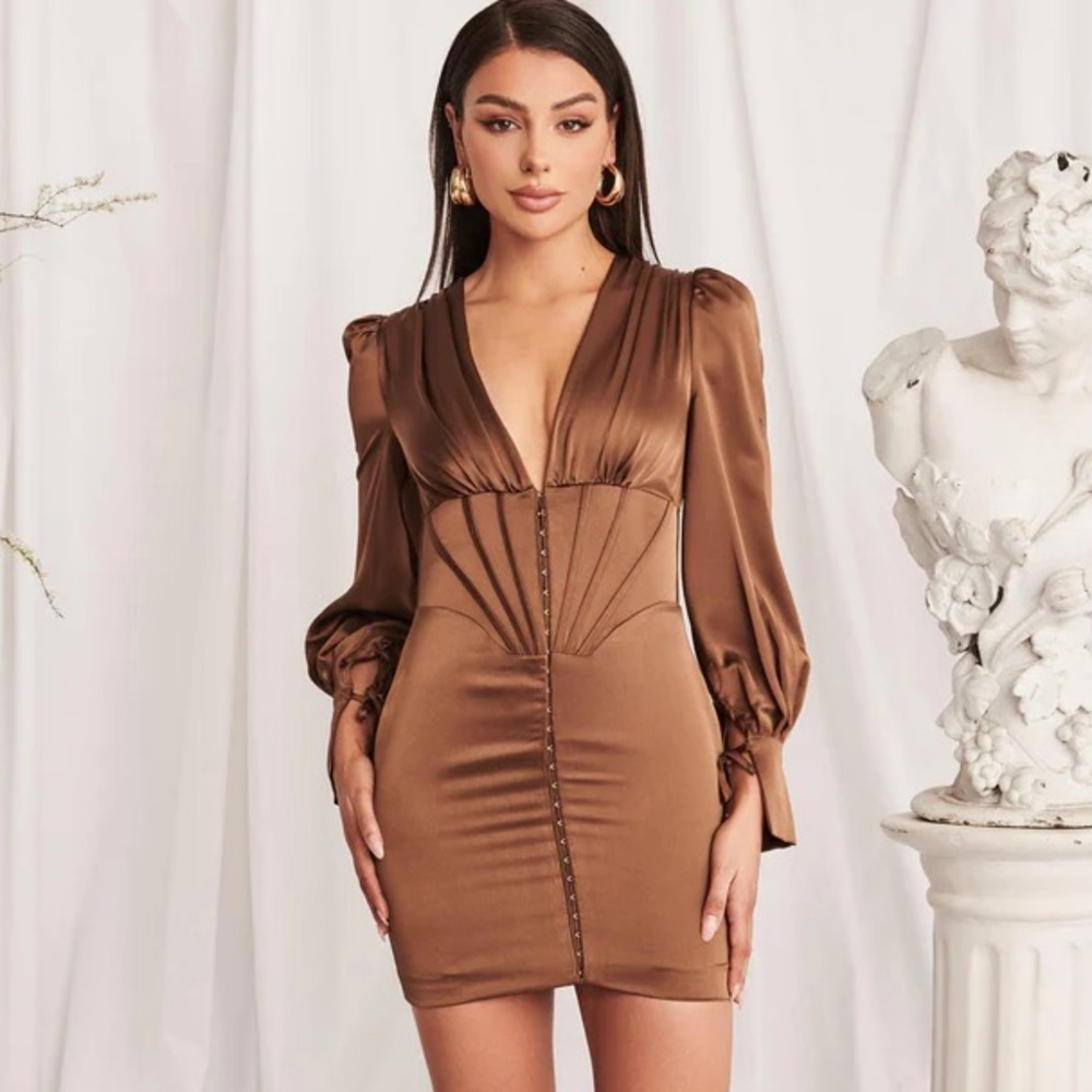 Lavish Alice Nevaeh Satin Sleeve Corset Mini Dress in Chocolate Brown | Size 0
